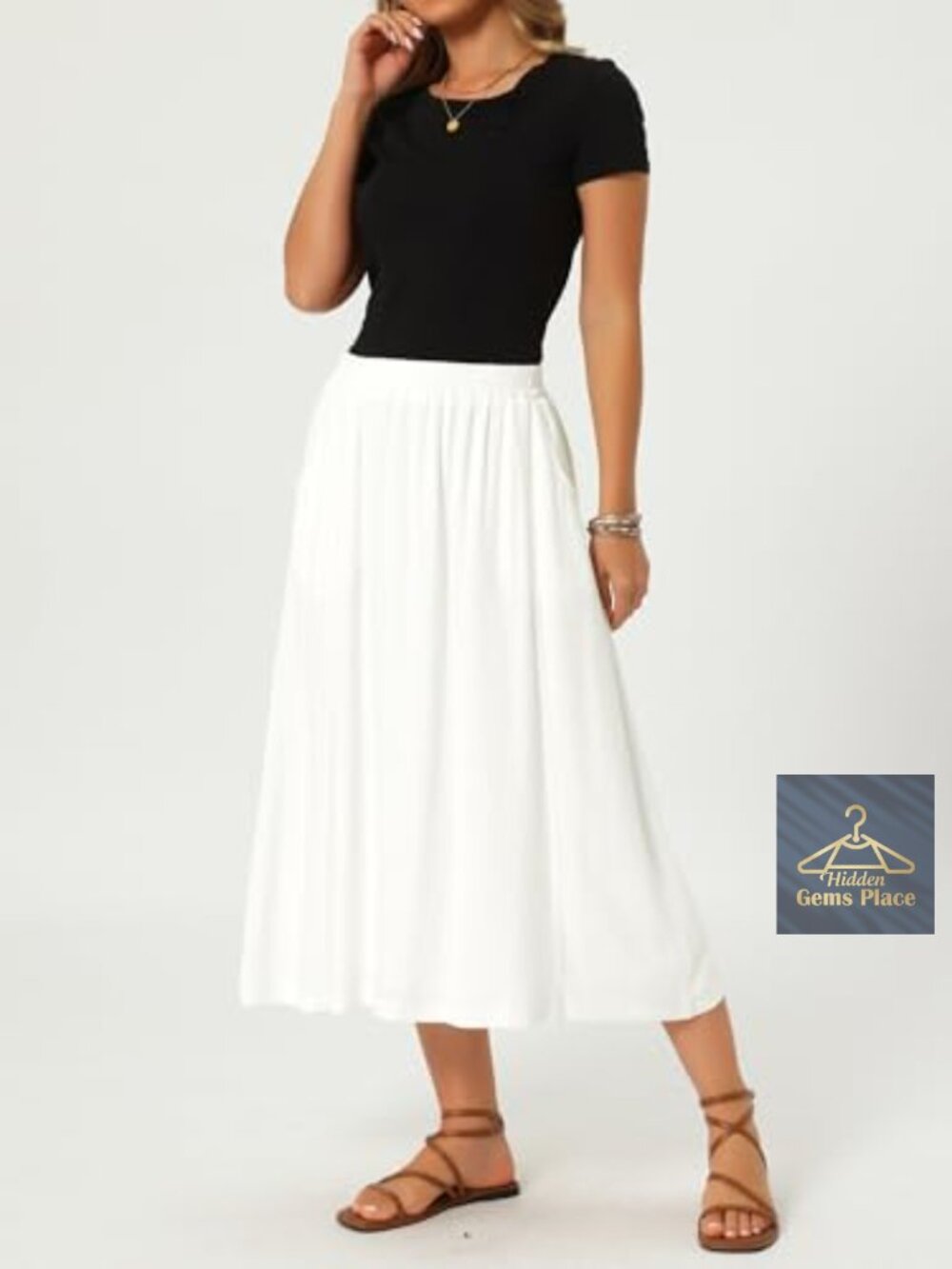 Flowy Linen Midi Skirt with Pockets High Waist A-Line Summer - Picture 5 of 7